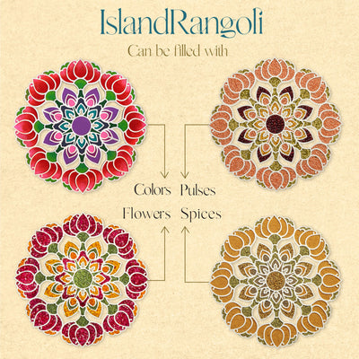 Island Rangoli filled with colors ,Pulses ,Flowers ,Spices