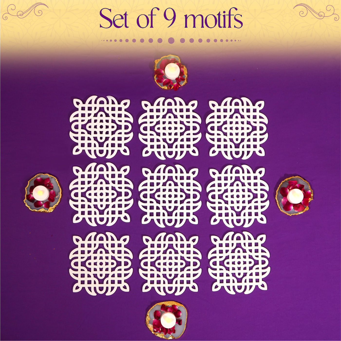 megh kolam motif set of 9, island rangoli design template 